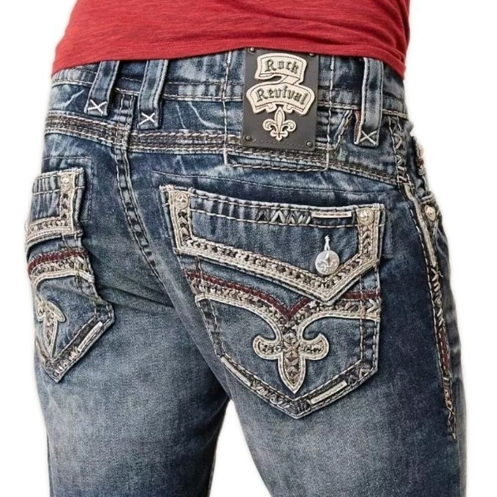 Rock Revival Mens Jeans Geras Straight Leg 30x31 Embroidered Thick Stitch MMA
